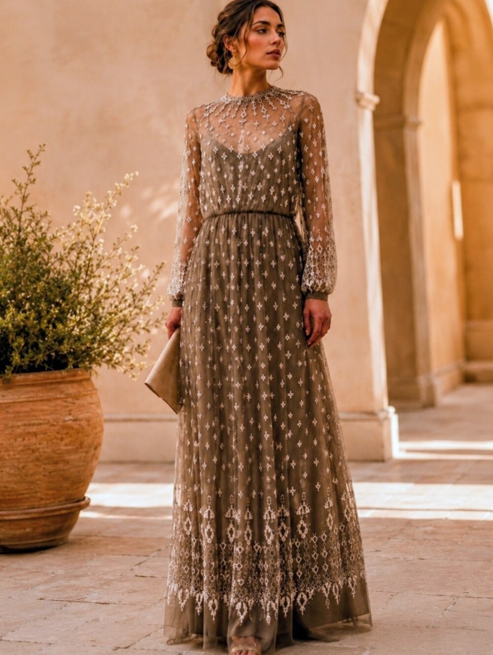 BIYAN Elegant Taupe Lace Maxi Dress, NWT, Embroidery And Pearl Beading, Size M,L - Picture 3 of 15
